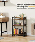 Three Tier Narrow Bookshelf With Edge Protection And Side Cross Tube Design For Picture Frames Statues Easy Peasy Setup Super Solid Storage Rack in rustic brown finish.