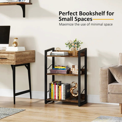 Three Tier Narrow Bookshelf With Edge Protection And Side Cross Tube Design For Picture Frames Statues Easy Peasy Setup Super Solid Storage Rack in rustic brown finish.