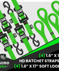 Heavy Duty Ratchet Tie Downs 4 Pack With Ez Release System 1.6 Inch By 15 Feet straps in vibrant green color for cargo security.