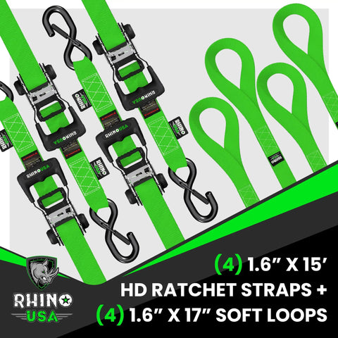 Heavy Duty Ratchet Tie Downs 4 Pack With Ez Release System 1.6 Inch By 15 Feet straps in vibrant green color for cargo security.