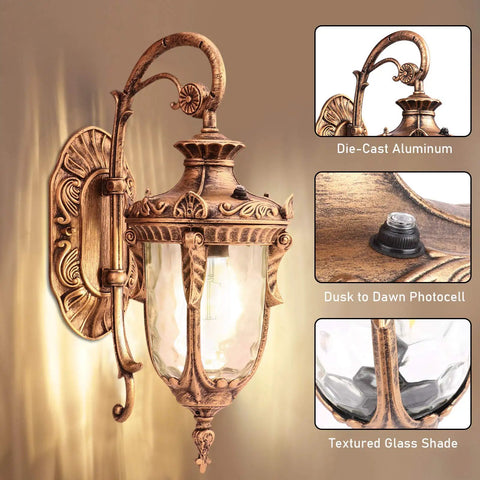 Outdoor Wall Light With Dusk To Dawn Sensor In Gold Weatherproof Exterior Wall Mount Sconce For Entrance Porch Garage
