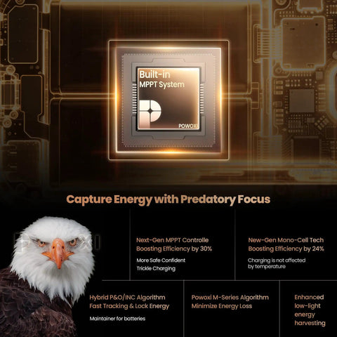 Eagle in front of a circuit board with Built-in MPPT System, promoting 12V Solar Car Battery Charger With MPPT Controller 15W Trickle Maintainer.