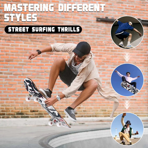 Skateboarder performing a trick with Double Kick 31-Inch Maple Deck Skateboard With ABEC-9 Bearings And 95A PU Wheels, Bat King graphic.