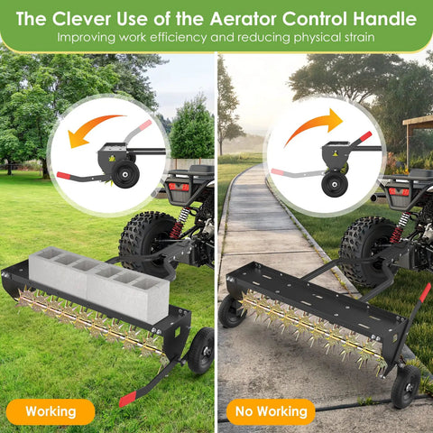 Tow Behind Spike Aerator 40 Inch Heavy Duty Rolling Lawn Aerator With 3D Star Tines And Weight Tray in use and idle comparison