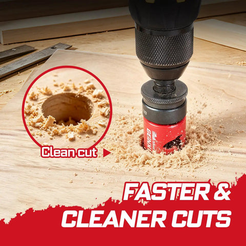 Pro Grade 15 Piece Hole Saw Kit Five Eighths Inch To Three Inches With Mandrel cutting wood with a clean circular cut