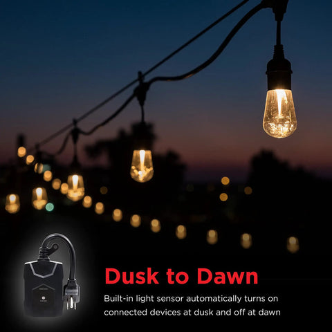 No Fuss Outdoor Dusk To Dawn Light Timer Featuring Dual Power Outlets And Integrated Photocell Sensor For Absolutely Hands Free Weather Resistant Lighting Setup with illuminated string lights.