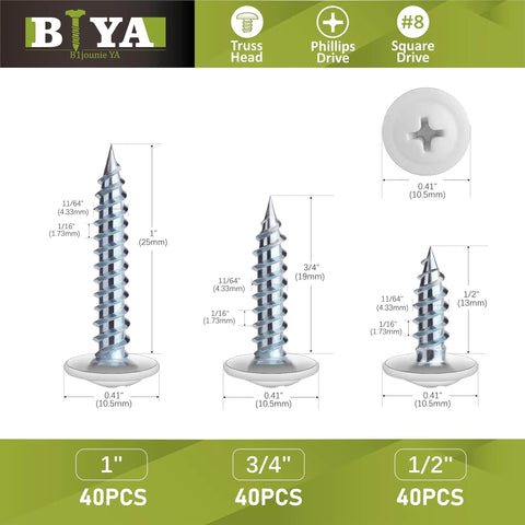 Heavy Duty White Wood Screws 120 Piece Bulk Kit Featuring Rugged Carbon Steel Frame For Cabinet Fastening And No Sweat Self Tapping Install In Three Handy Sizes, showing various screw sizes and heads.
