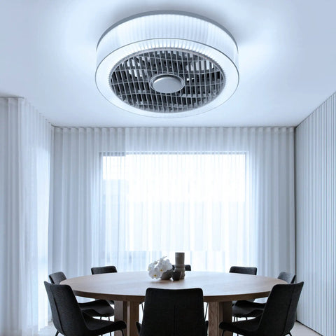 16 Inch Bladeless Ceiling Fan With Light, Modern Low Profile Enclosed Flush Mount, Dimmable LED Technology, Safe Cage Housing, Remote Control Included, Ultra Quiet Operation For Bedroom And Low Ceiling Rooms