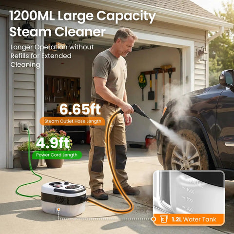 Easywox 2500w Handheld Steam Cleaner Gun With 40.6oz Tank For Auto Detailing Home Cleaning Tile Grout Floor Furniture And Walls High Pressure Portable Steamer Machine Powerful Sanitization in use, cleaning a car tire, showing steam action.