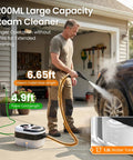 Hella Powered 2500W Handheld Steam Cleaner With Six Pressure Controls And Forty Oz Tank in use cleaning car tire.