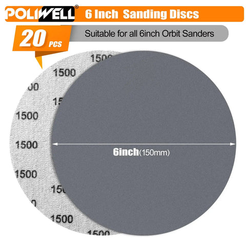 6 Inch 1500 Grit Waterproof Hook And Loop Sanding Discs Set, Heavy Duty Silicon Carbide Round Flocking Sandpaper For Wet Or Dry Sanding, Workhorse Grinder Polishing Accessories, 20 Pack