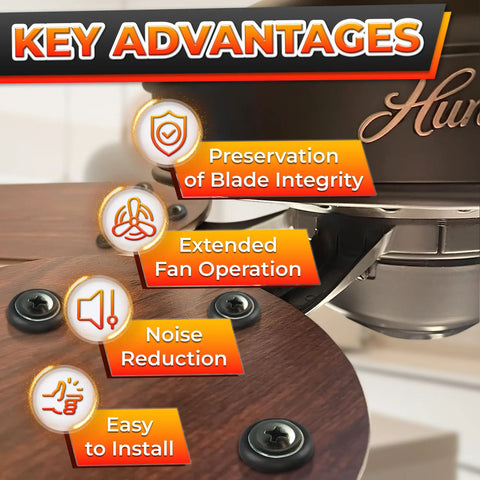 Rock Solid Half Inch Rubber Grommet Kit For Ceiling Fan Blades Anti Vibration Bushings to Hush the Rattle and Smooth Out that Wobble Premium Wood Fan Replacement Parts Set of Eighteen installation benefits displayed on a wooden ceiling fan blade.