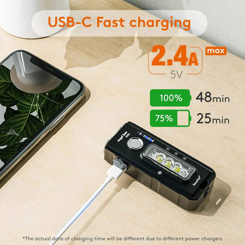 1000 Lumen Rechargeable LED Flashlight With Red Blue Front Light And White Side Light charging via USB-C on wooden table