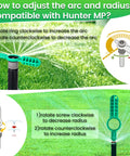 Diagram showing adjustment for Hunter MP sprinklers with the Three Pack Sprinkler Adjustment Tool Set For Rain Bird 5000 And Hunter PGP MP Heads, Rotor Adjustment Wrench And Sprinkler Key Kit For Easy Pro Style Lawn Irrigation System Repairs, Green.
