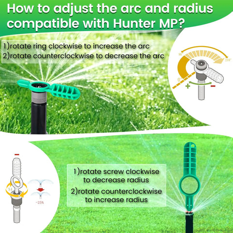 Diagram showing adjustment for Hunter MP sprinklers with the Three Pack Sprinkler Adjustment Tool Set For Rain Bird 5000 And Hunter PGP MP Heads, Rotor Adjustment Wrench And Sprinkler Key Kit For Easy Pro Style Lawn Irrigation System Repairs, Green.