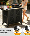 Outdoor Grill Cart With Stainless Steel Tabletop And Storage Cabinet shown on patio with 360° wheels and folding trash can.
