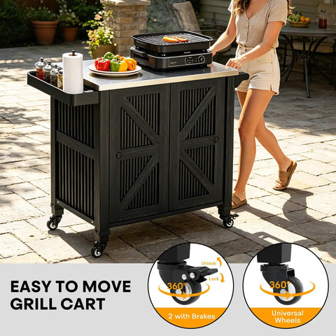 Outdoor Grill Cart With Stainless Steel Tabletop And Storage Cabinet shown on patio with 360° wheels and folding trash can.