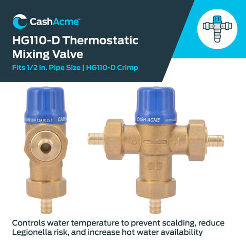 Front and side views of Half Inch HG110 Crimp Thermostatic Mixing Valve With Barb Connections And Integral Checks Brass Fitting