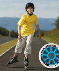 Boy skating outdoors with 90mm 85A Inline Skate Wheels Set Of 6 For Outdoor Replacement With Blue Core High Rebound PU Speed Fitness Wheels
