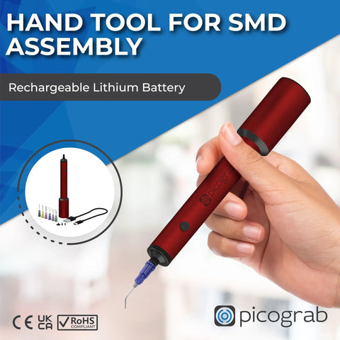 Cordless Pro Grade ESD Vacuum Pickup Tool For IC Chips And SMD Rework shown with aluminum body and USB C port