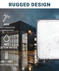 Close-up of LED canopy light next to dark building showing rugged design with impact resistance and wet location rated features.