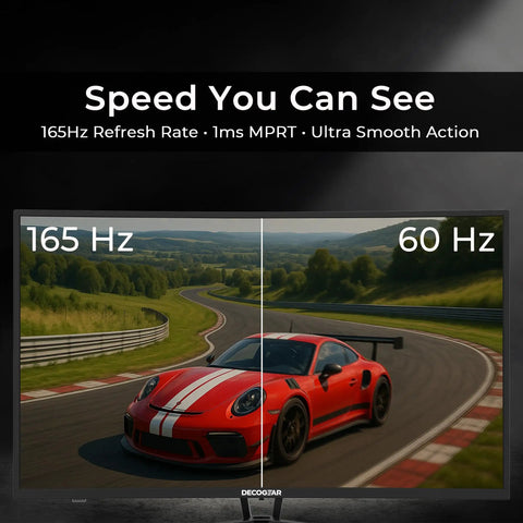 Beast Mode 39 Inch Curved Gaming Monitor displaying racing game comparison at 165 Hz and 60 Hz, immersive ultrawide screen