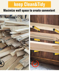 Image showing Heavy Duty Wall Mount Lumber Rack With Three Level Folding Wood Storage Organizer For Garage Or Shop, Heavy Gauge Steel Built Like Iron To Haul Planks And Boards Without Breaking A Sweat, Two Pack for organized wood storage.