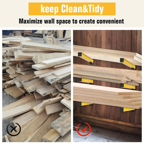 Image showing Heavy Duty Wall Mount Lumber Rack With Three Level Folding Wood Storage Organizer For Garage Or Shop, Heavy Gauge Steel Built Like Iron To Haul Planks And Boards Without Breaking A Sweat, Two Pack for organized wood storage.