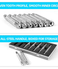 7 Piece Crown Winding Set For Mechanical Watches in steel, displayed in box with smooth handles, ideal for precision use.