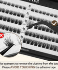 Image showing Glue Free Wispy Lash Clusters Kit For DIY Lash Extensions, tweezers lifting 8-14mm C Curl lashes from tray, 100 pcs.