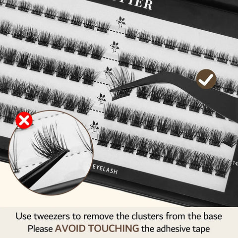 Image showing Glue Free Wispy Lash Clusters Kit For DIY Lash Extensions, tweezers lifting 8-14mm C Curl lashes from tray, 100 pcs.