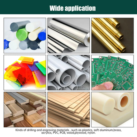 Image showing wide application materials for CNC machining, including plastics, aluminum, brass, PVC, PCB, wood, plywood, nylon.