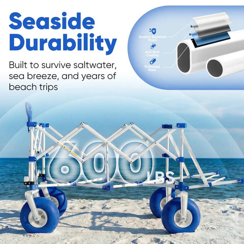 Heavy Duty Beach Wagon With 9 Inch Sand Proof Wheels And 300L Capacity Foldable Cart shown on beach