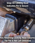 Receiver Lock With Swivel Head For 1/2 Inch And 5/8 Inch Trailer Hitches installed on hitch showing snap-on locking head and key