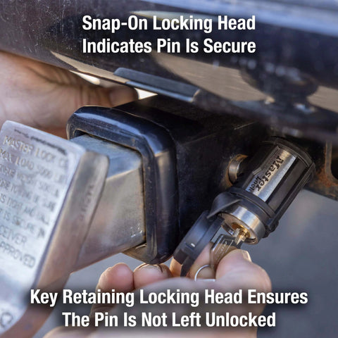 Receiver Lock With Swivel Head For 1/2 Inch And 5/8 Inch Trailer Hitches installed on hitch showing snap-on locking head and key