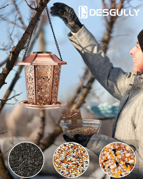Person hanging Solar Powered Bird Feeder For Outdoors Hanging Built Tough Premium Metal Construction Chew Proof Weather And Water Resistant Garden Decor Lantern By Night Dope For Yards And Patios on a tree branch