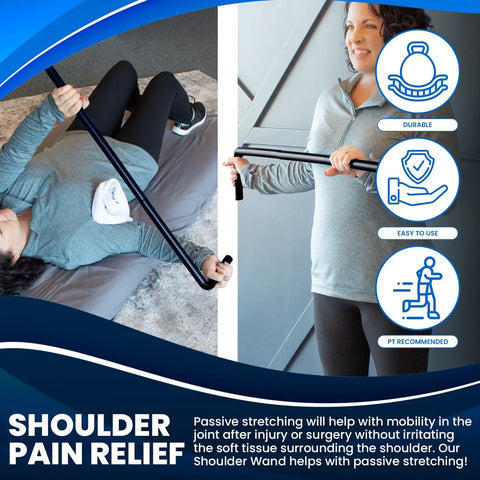 Shoulder Wand Therapy Stretch Tool For Rotator Cuff Mobility Collapsible Stretch Bar For Home Rehab Physical Therapy Aid To Improve Range of Motion Ergonomic Grip For Easy Stretches And Faster Recovery, black wand shown in use