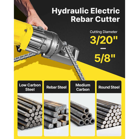 Happybuy Electric Hydraulic Rebar Cutter demonstrating cutting capability with various steel types and diameters on a yellow background.