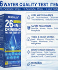 All In One 26 Parameter Water Test Kit With 158 Reagent Strips, box design and detailed water quality test items.