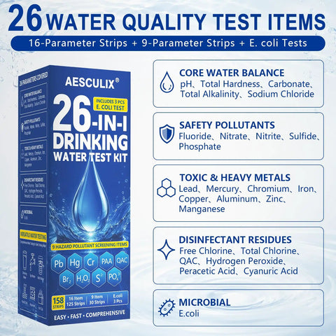 All In One 26 Parameter Water Test Kit With 158 Reagent Strips, box design and detailed water quality test items.