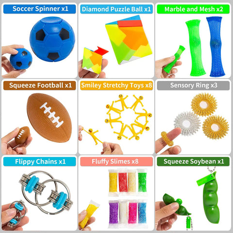76 Pack Sensory Fidget Toys Set For Stress Relief And Anti Anxiety, featuring toys like soccer spinner, puzzle ball, and slimes.