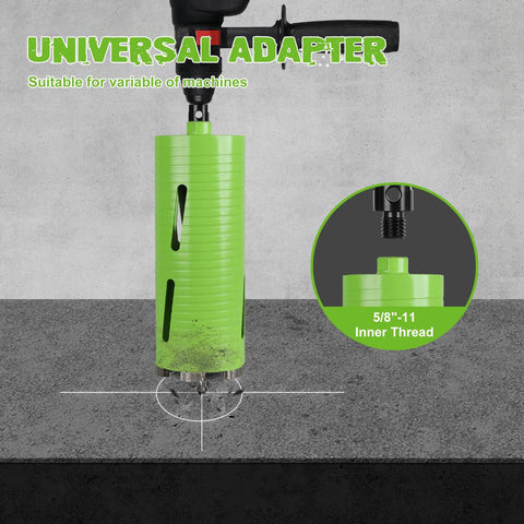 Heavy Duty 4 Inch Dry Core Drill Bit With Full Masonry Setup Featuring Quick Release Pilot Bit Drift Tool showing universal adapter