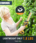 Woman using Lightweight 21V Cordless Hedge Trimmer And Grass Shears 2In1 Battery Powered Pruner Include Charger No Strings Attached.