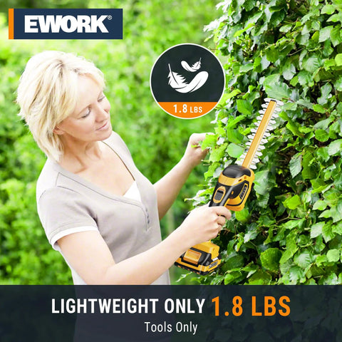 Woman using Lightweight 21V Cordless Hedge Trimmer And Grass Shears 2In1 Battery Powered Pruner Include Charger No Strings Attached.