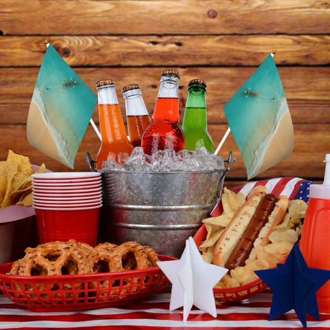 Rowing Team Handheld Flags On Sticks Ocean Sea Landscape Mini Flags on picnic table with food and drinks