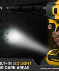 Heavy Duty Cordless Rivet Gun Compatible With Dewalt 20V And 60V Max Battery System Tool Only Featuring Brushless Motor and LED light illuminated on black surface.