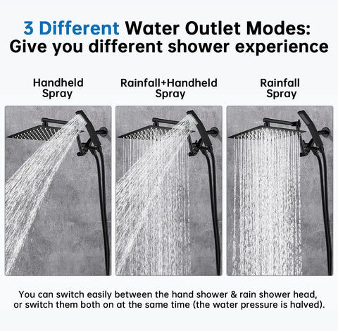 3 different water outlet modes of 10 Inch Rainfall Shower Head With Handheld Spray Combo In Matte Black Heavy Duty All Metal Construction