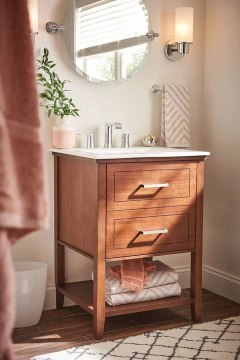 Bathroom vanity with mirror, faucet, and Genta LX Modern Towel Bar 6.8 Inch Chrome For Kitchen Or Bath on wall.