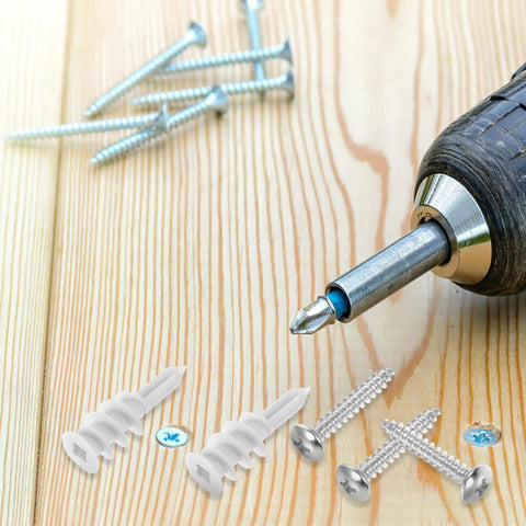 Heavy Duty Self Drilling Drywall Anchors And Screws Kit with drill on wooden surface, nylon and iron components visible