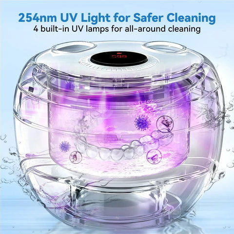 Ultrasonic Retainer Cleaner Machine 45kHz for retainers, dentures, mouth guards, aligners, and braces with UV-C lights